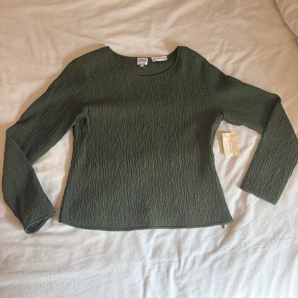 NWT Vintage Armani Collezioni Puckered Silk Olive Green BlouseSize 14 IT 50
